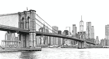 Fototapeta premium Brooklyn Bridge New York architecture landmark line art vector illustration.