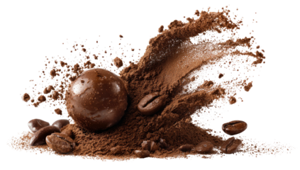 Dynamic display of chocolate ball amid a flurry of cocoa powder and roasted coffee beans