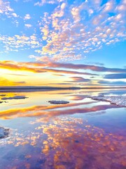 Beautiful sunset view over pink salt lake 