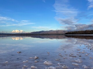 Beautiful morning view at pink salt lake 