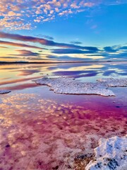 Beautiful morning view over the pink salt lake 