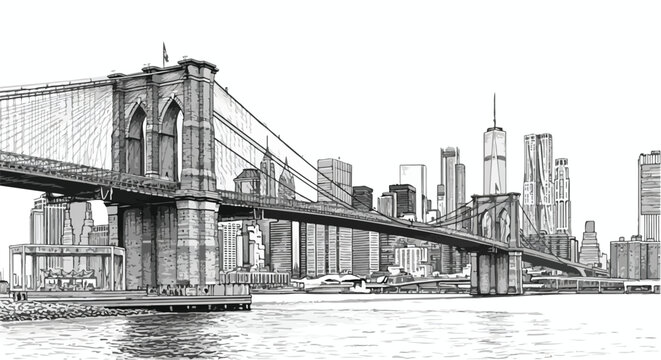 Brooklyn Bridge New York architecture landmark line art vector illustration.