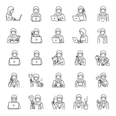Fototapeta premium Line art icons depicting diverse Muslim women in various professional roles and daily activities, showcasing their engagement with technology and skilled trades.