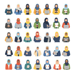 A diverse collection of flat design illustrations featuring Muslim women wearing hijabs, engaged in various activities like working on laptops and holding coffee cups.