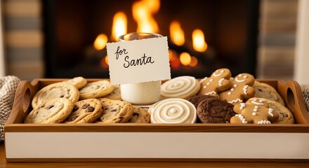 Cookies  milk on a tray with a for Santa note by a fireplace