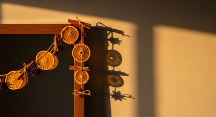 Dried orange garland hangs on a wood frame casting shadows on a tan wall