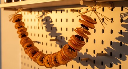 Dried orange garland with star anise hangs from a pegboard light casts shadows
