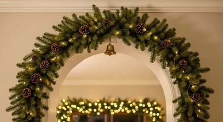 Garland archway adorned with pinecones fairy lights and a bell