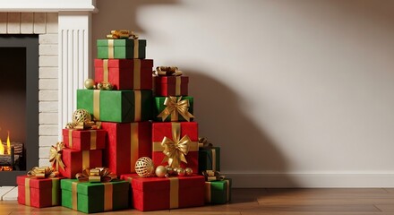 Gift boxes of red and green stacked near a fireplace on wood floor