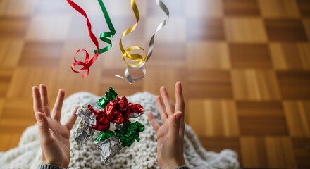 Hands reaching for floating colorful candy wrappers and ribbons against a wood floor backdrop