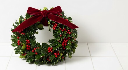 Holly wreath with red berries and velvet bow on a white tiled surface