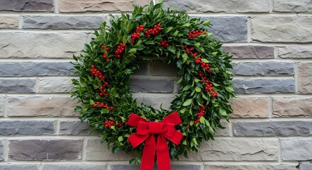 Holly wreath with red bow hangs on a neutral brick wall