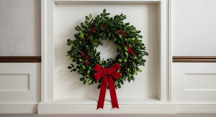 Holly wreath with red berries and velvet bow in a white wall recess flanked by paneled walls