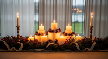 Lit candles adorn a festive table setting with pinecones and berries against a window backdrop