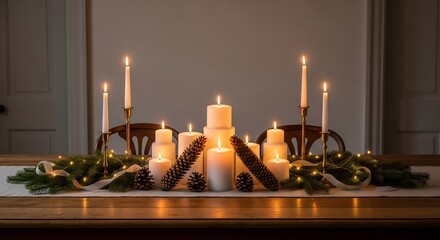 Lit candles and pine cones adorn a table runner on a wooden table set against a muted background