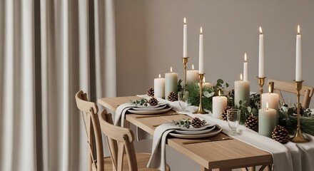 Lit candles pine cones  greenery adorn a dining table with beige linens and chairs near a curtain