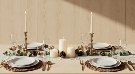 Set dining table with plates cutlery candles wine glasses and greenery atop wicker placemats