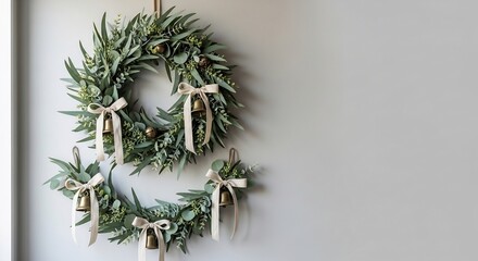 Two green wreaths hang on a light gray wall adorned with bells tied with creamcolored bows