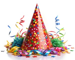 Festive birthday party hat surrounded by colorful confetti and streamers on white background