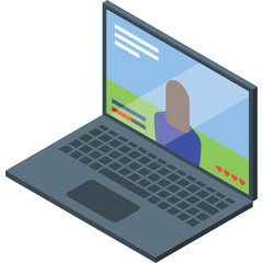Isometric Laptop Displaying A Video With A Person And Progress Bars On A Green And Blue Background With Red Hearts Indicating Likes On A Grey Device