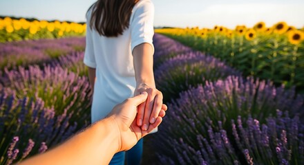A romantic couple holding hands in a beautiful lavender and sunflower field at sunset.