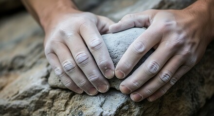 Close-up of a climber's hands covered in chalk gripping a rock.