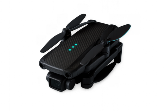 Carbon fiber foldable drone with camera on transparent background