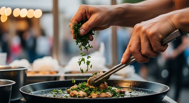 Close-up shot of a chef garnishing food with fresh herbs using tongs in a pan.