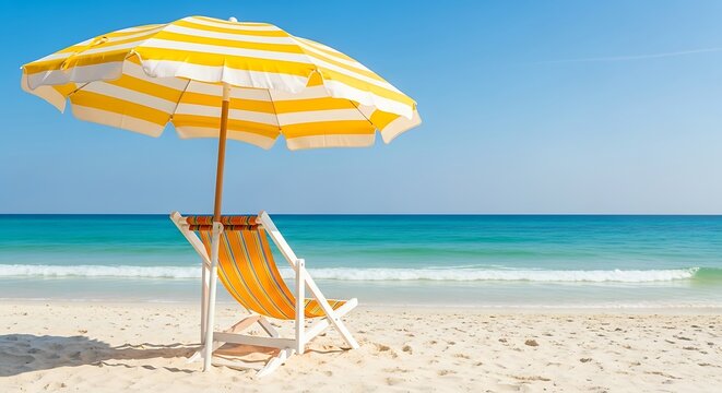 An empty yellow striped deck chair and sun umbrella on a beautiful sandy beach overlooking the calm blue sea.
