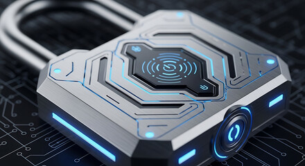 Futuristic padlock with fingerprint scanner for cybersecurity