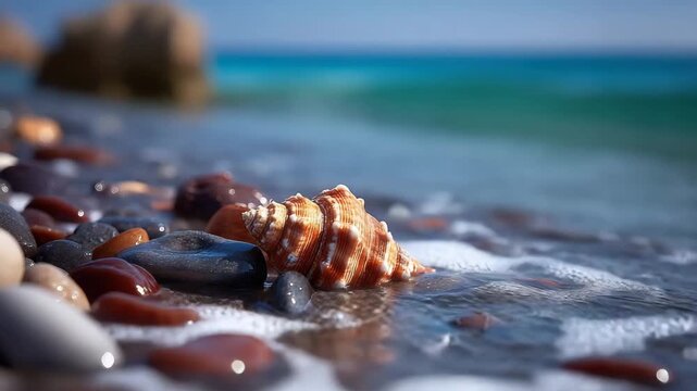 Waves gently wash smooth beach stones and a stunning seashell on a sunny day, evoking a sense of calm and natural beauty for travel and relaxation