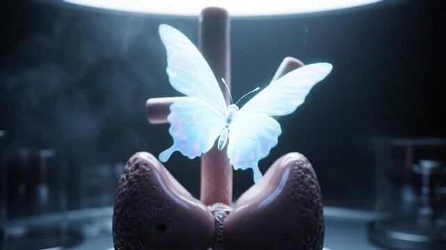 Anatomical Thyroid Gland with Illuminated Butterfly in Medical Research Setting on a Dark Table in Soft Lighting for Pharmaceutical Design and Anatomical Study and Creative Presentation