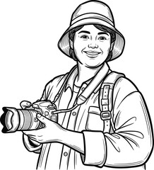 Traveler photographer with camera, wide brim hat, backpack, outdoor adventure, smiling tourist, DSLR photography, travel lifestyle, exploration journey, casual portrait