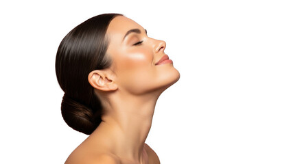 Serene woman with hair in bun smiling, eyes closed, isolated on transparent background
