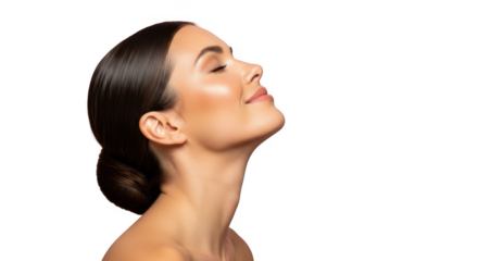 Serene woman with hair in bun smiling, eyes closed, isolated on transparent background