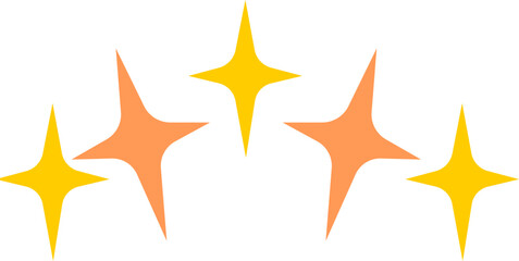 A cluster of five sparkling starbursts, with three in yellow and two in orange, arranged in a gentle arc against a white background.