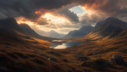 Scottish highlands landscape with dramatic sky