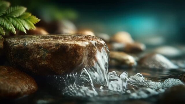Tranquil flowing water cascading over mossy rocks, creating a soothing natural soundscape for relaxation and mindfulness in a peaceful environment
