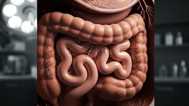 Detailed Anatomy of Human Digestive System in a Medical Setting with Realistic Texture and Soft Lighting Emphasizing the Structure of the Colon and Small Intestine Structures