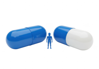 3d figure standing between giant blue and white capsule pills isolated on transparent background