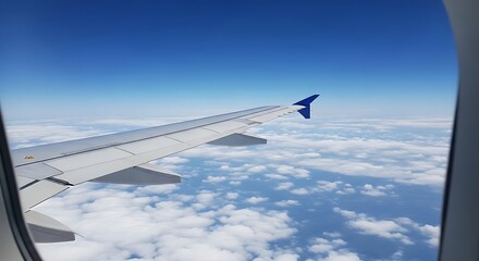 Obraz premium View from an airplane window, showcasing the wing against a backdrop of clouds and blue sky.