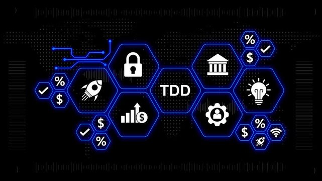 Digital Hexagonal Network with TD Text and Financial Technology Icons on Dark Background abstract