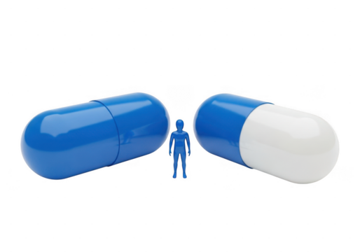 3d figure standing between giant blue and white capsule pills isolated on transparent background