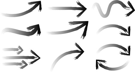 A collection of nine different arrow graphics with a gradient effect, rendered in grayscale.