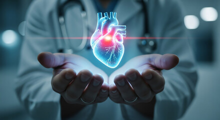 Doctor holding glowing human heart hologram for medical diagnostics