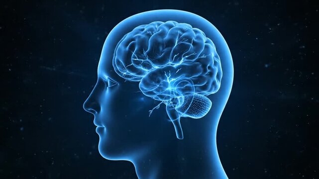 Animated Blue Human Head Profile Rotating with Visible Brain Anatomy Structure on Dark Blue Background for Medical Visualization and Health Education Purpose