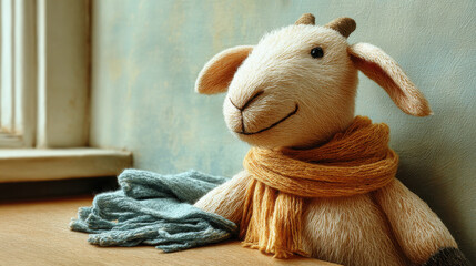 Plush goat wearing cozy handwoven scarf, mid body shot with soft light and warm textured background
