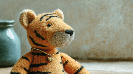 Soft plush tiger toy with golden bell necklace sitting on textured surface, warm cozy mood and vintage feel