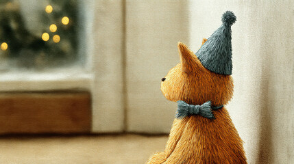 Fluffy cat plush in festive hat and bow sitting by window with warm bokeh lights, cozy holiday scene evoking gentle nostalgia