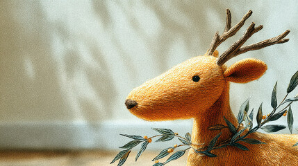 Plush deer with antler headband, toy deer, soft stuffed animal, cozy decorative toy, warm lighting, fabric texture